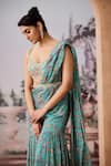 Buy_Aneesh Agarwaal_Blue Chinon Chiffon Printed Sequin Floral Chintz Pre-draped Sharara Saree Set _Online_at_Aza_Fashions