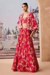 Aneesh Agarwaal_Red Crepe Printed Sequin Cape Open Flower Scalloped Lehenga Set _Online_at_Aza_Fashions