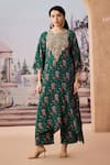 Buy_Aneesh Agarwaal_Green Crepe Printed Sequin Notched Floral Applique Kaftan With Pant _at_Aza_Fashions