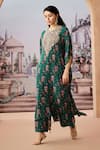 Aneesh Agarwaal_Green Crepe Printed Sequin Notched Floral Applique Kaftan With Pant _Online_at_Aza_Fashions