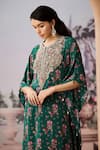 Buy_Aneesh Agarwaal_Green Crepe Printed Sequin Notched Floral Applique Kaftan With Pant _Online_at_Aza_Fashions