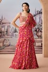 Buy_Aneesh Agarwaal_Fuchsia Chinon Chiffon Printed Sequin Chintz Pre-draped Ruffle Saree Set _at_Aza_Fashions