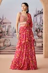 Aneesh Agarwaal_Fuchsia Chinon Chiffon Printed Sequin Chintz Pre-draped Ruffle Saree Set _Online_at_Aza_Fashions