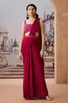 Buy_Aneesh Agarwaal_Magenta Satin Chiffon Printed Solid Pre-draped Saree With Floral Applique Blouse _at_Aza_Fashions