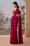 Aneesh Agarwaal_Magenta Satin Chiffon Printed Solid Pre-draped Saree With Floral Applique Blouse _Online_at_Aza_Fashions