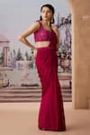 Buy_Aneesh Agarwaal_Magenta Satin Chiffon Printed Solid Pre-draped Saree With Floral Applique Blouse _Online_at_Aza_Fashions