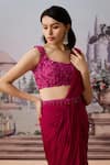 Shop_Aneesh Agarwaal_Magenta Satin Chiffon Printed Solid Pre-draped Saree With Floral Applique Blouse _Online_at_Aza_Fashions