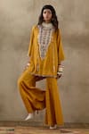 Buy_Aseem Kapoor_Yellow Crushed Silk Embroidered Resham Round Mitra Kurta And Trouser Set 