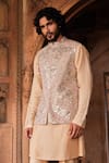 Contrast By Parth_Brown Tussar Silk Embellished Leather Patchwork Ibaadat Gota Bundi And Kurta Set _Online_at_Aza_Fashions