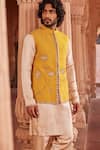 Contrast By Parth_Yellow Textured Silk Embellished Floral Applique Bundi And Kurta Set _Online_at_Aza_Fashions