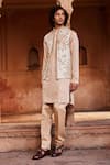 Buy_Contrast By Parth_Ivory Linen Silk Embroidery Floral Applique Inaya Work Bundi And Kurta Set _at_Aza_Fashions