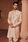 Shop_Contrast By Parth_Beige Pure Silk Hand Painted Bageecha Sherwani Set _Online_at_Aza_Fashions