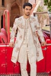 Buy_Contrast By Parth_Ivory Raw Silk Embellished Floral Applique Shaheen Sherwani Set _Online_at_Aza_Fashions