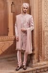 Buy_Contrast By Parth_Pink Silk Jacquard Embroidery Floral Applique Embellished Sherwani Set _at_Aza_Fashions