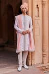 Buy_Contrast By Parth_Grey Raw Silk Embroidery Resham Asmaa Work Sherwani Set _at_Aza_Fashions