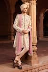 Buy_Contrast By Parth_Beige Silk Jacquard Embellished Zardozi Gulzaar Sherwani Set _at_Aza_Fashions