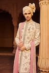 Contrast By Parth_Beige Silk Jacquard Embellished Zardozi Gulzaar Sherwani Set _Online_at_Aza_Fashions