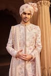 Contrast By Parth_Pink Raw Silk Embroidery Resham Flamingo Sherwani Set _Online_at_Aza_Fashions