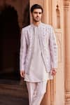 Buy_Contrast By Parth_Grey Raw Silk Embroidery Resham Aasma Jacket And Kurta Set _Online_at_Aza_Fashions