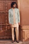 Buy_Contrast By Parth_Green Silk Jacquard Embellished Dabka Patchwork Jacket And Kurta Set _at_Aza_Fashions