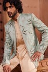 Shop_Contrast By Parth_Green Silk Jacquard Embellished Dabka Patchwork Jacket And Kurta Set _Online_at_Aza_Fashions