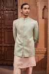 Shop_Contrast By Parth_Green Silk Jacquard Embroidery Dori Ruhaab Floral Jacket And Kurta Set _Online_at_Aza_Fashions