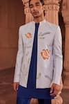 Buy_Contrast By Parth_Blue Pure Silk Embroidery Dabka Bagh Hand Painted Jacket And Kurta Set _Online_at_Aza_Fashions