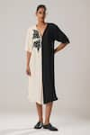 Buy_ATBW_Black Raw Silk Satin Flower V Neck Color Block Midi Dress _at_Aza_Fashions