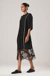 ATBW_Black Raw Silk Satin Patch Tulip Bloom High Neck Sheer Hem Midi Dress _Online_at_Aza_Fashions