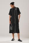 Buy_ATBW_Black Raw Silk Satin Patch Florin Collar Neck Embroidered Shirt Dress _at_Aza_Fashions