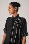 ATBW_Black Raw Silk Satin Patch Florin Collar Neck Embroidered Shirt Dress _at_Aza_Fashions