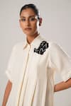 ATBW_White Raw Silk Satin Patch Floral Collar Embroidered Pleated Panel Shirt Dress _at_Aza_Fashions