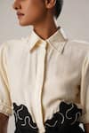 ATBW_Black Raw Silk Satin Patch Floral Collar Neck Overlay Embroidered Shirt Dress _at_Aza_Fashions