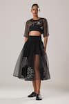 Buy_ATBW_Black Silk Organza Embroidery Floral Patch Wrap Skirt _at_Aza_Fashions