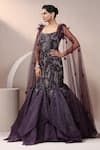 Chaashni by Maansi and Ketan_Purple Organza Embroidered Sequin Scoop Cape Sleeve Gown _at_Aza_Fashions