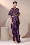 Chaashni by Maansi and Ketan_Purple Organza Embellished Pearl Cape High With Draped Skirt Set _at_Aza_Fashions