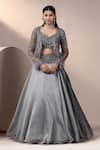 Buy_Chaashni by Maansi and Ketan_Grey Shimmer Organza Embellished Pearl Blouse Bead Waist Lehenga Set With Cape _at_Aza_Fashions