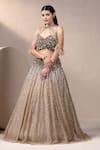 Buy_Chaashni by Maansi and Ketan_Gold Net Embroidered Pearl Blouse Plunge Lehenga Set With Cape _Online_at_Aza_Fashions