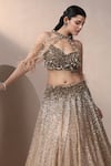 Buy_Chaashni by Maansi and Ketan_Gold Net Embroidered Pearl Blouse Plunge Lehenga Set With Cape 