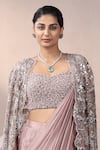 Buy_Chaashni by Maansi and Ketan_Purple Chinnon Chiffon Embellished Pearl Cape Front Pre-draped Saree Set With _Online_at_Aza_Fashions