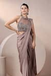 Shop_Chaashni by Maansi and Ketan_Purple Imported Satin Metal Chain Detailed Pre-draped Saree With Blouse _Online_at_Aza_Fashions