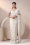 Buy_Chaashni by Maansi and Ketan_Off White Net Embroidered Resham Plunge Scallop Hem Saree With Blouse _at_Aza_Fashions