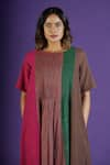 MANTRA_Multi Color Handloom Cotton Mangalgiri Colorblocked Boat Pintuck Play Dress _Online_at_Aza_Fashions