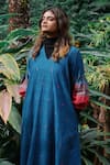 MANTRA_Blue Handloom Cotton Mangalgiri Candle Motif Pattern Balloon Sleeves Midi Dress _Online_at_Aza_Fashions