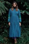 Shop_MANTRA_Blue Handloom Cotton Mangalgiri Striped Round Neck Tiered Midi Dress _at_Aza_Fashions