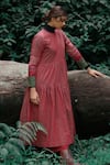 Shop_MANTRA_Brown Handloom Cotton Mangalgiri Striped Round Neck Tiered Dress _Online_at_Aza_Fashions