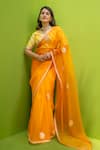 Buy_MEHER BY ISLIE_Orange Blouse Kora Silk Leheriya Printed Amber Hand Embroidered Saree With _at_Aza_Fashions