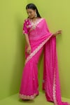 Buy_MEHER BY ISLIE_Pink Blouse Kora Silk Printed Leheriya V-neck Gulabi Mothra Saree With _at_Aza_Fashions