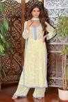 Buy_LABEL AISHWARYRIKA_Yellow Georgette Embroidery Chikankari Leaf Neck Aniyah Kurta Palazzo Set _at_Aza_Fashions