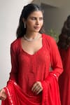 LABEL AISHWARYRIKA_Red Georgette Embroidery Chikankari Notched Mirror Work Kurta Palazzo Set _at_Aza_Fashions